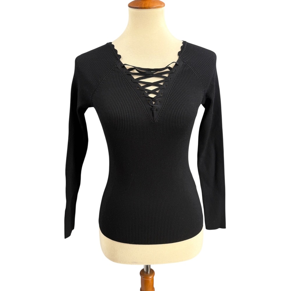 Sandro Paris Black Ribbed Lace-Up Knit Top Size 1 (Small) Long Sleeve Fitted New